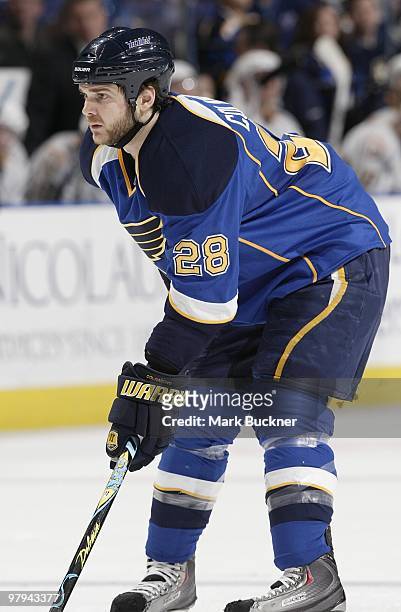 Carlo Colaiacovo of the St. Louis Blues waits for a face off during a game against the Nashville Predators on March 21, 2010 at Scottrade Center in...