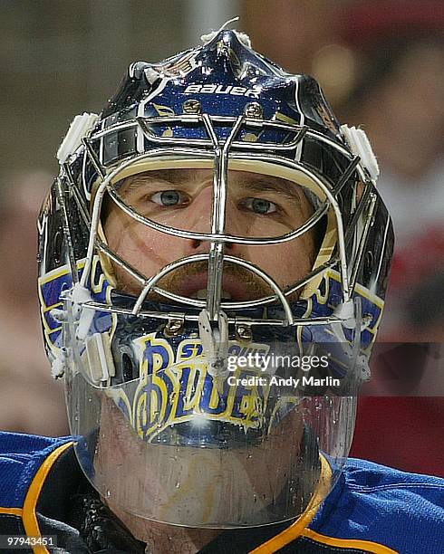 Ty Conklin of the St. Louis Blues looks on against the New Jersey Devils during the game at the Prudential Center on March 20, 2010 in Newark, New...