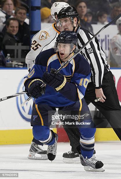 Andy McDonald of the St. Louis Blues skates against the Nashville Predators on March 21, 2010 at Scottrade Center in St. Louis, Missouri.
