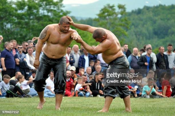 the pehlivans (traditional oil wrestling) tournaments in dragash, kosovo - prizren stock pictures, royalty-free photos & images