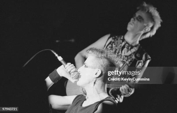 Singer Andi Sexgang of British goth band the Sex Gang Children performs on stage at the Futurama 4 Festival held at the Deeside Leisure Centre in...