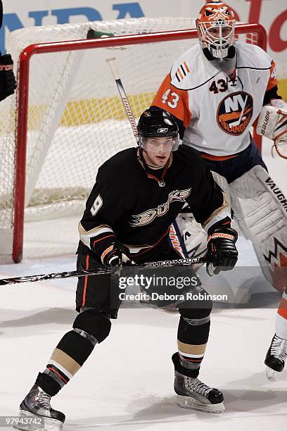 Bobby Ryan of the Anaheim Ducks defends outside the crease against the New York Islanders during the game on March 19, 2010 at Honda Center in...
