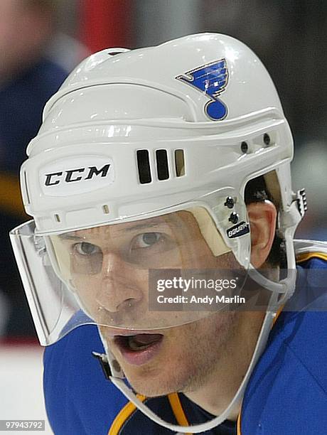 Paul Kariya of the St. Louis Blues looks on against the New Jersey Devils during the game at the Prudential Center on March 20, 2010 in Newark, New...