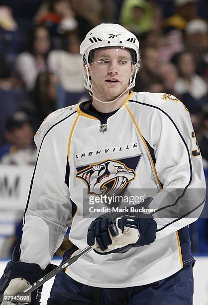 Cody Franson of the Nashville Predators waits for a face off during a game against the St. Louis Blues on March 21, 2010 at Scottrade Center in St....