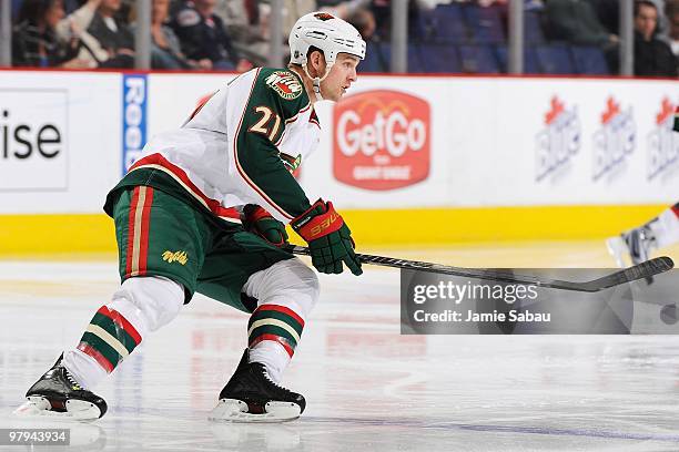 Forward Kyle Brodziak of the Minnesota Wild skates against the Columbus Blue Jackets on March 19, 2010 at Nationwide Arena in Columbus, Ohio.