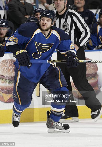 Carlo Colaiacovo of the St. Louis Blues skates against the Nashville Predators on March 21, 2010 at Scottrade Center in St. Louis, Missouri.