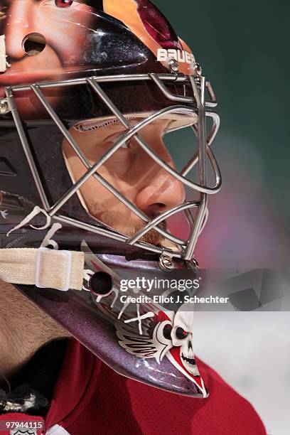 Goaltender Jason LaBarbera of the Phoenix Coyotes on the ice against the Florida Panthers at the BankAtlantic Center on March 18, 2010 in Sunrise,...