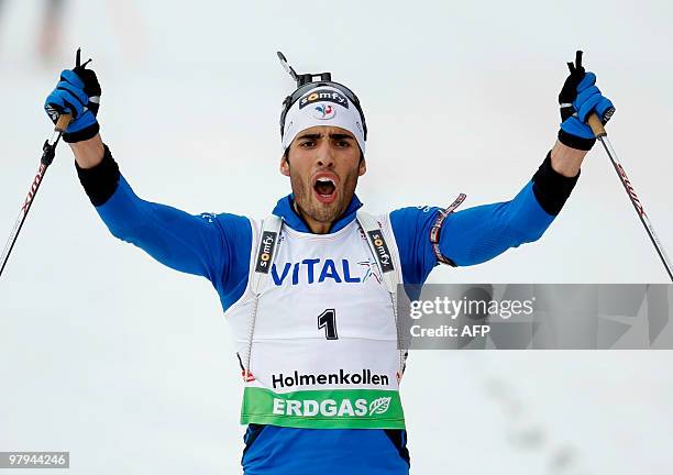 France's Martin Fourcade celebrates as he wins the men's 12,5 km World Cup biathlon in Holmenkollen Ski Arena in Oslo on March 20th. Fourcade...