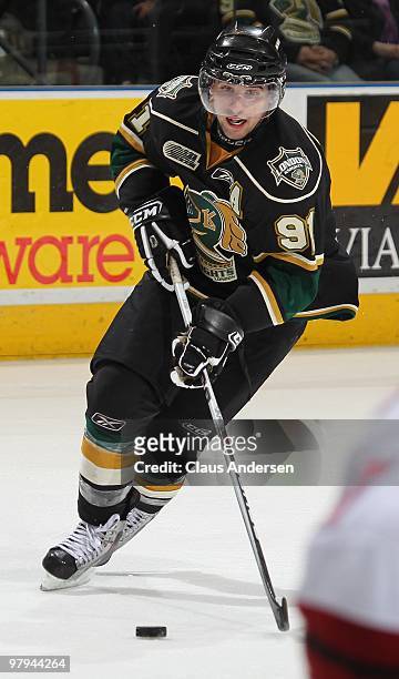 Nazem Kadri of the London Knights skates with the puck in the first game of the opening round of the 2010 playoffs against the Guelph Storm on March...