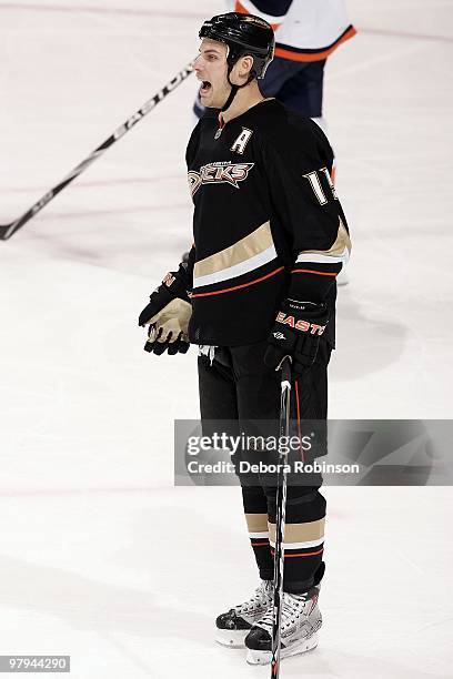 Ryan Getzlaf of the Anaheim Ducks reacts after a play against the New York Islanders during the game on March 19, 2010 at Honda Center in Anaheim,...