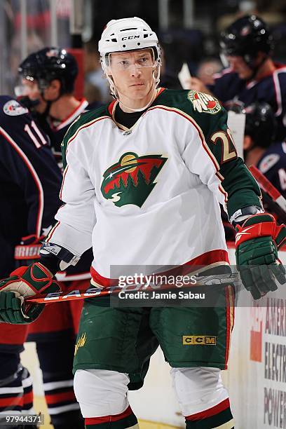 Forward Antti Miettinen of the Minnesota Wild waits for a face off against the Columbus Blue Jackets on March 19, 2010 at Nationwide Arena in...