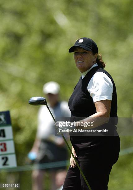 Meg Mallon follows a tee shot during the third round of the LPGA Michelob Ultra Open in Williamsburg, Virginia, May 8, 2004.