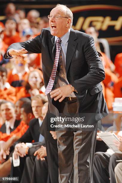 Jim Boeheim, head coach of the Syracuse Orange, yells to his players during the Big East Quarterfinal College Basketball Championship game against...