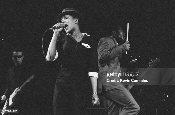 Pauline Black and Arthur 'Gaps' Hendrickson of 2-Tone band The Selecter perform on stage at the Apollo Theatre in Manchester, England on November 01,...