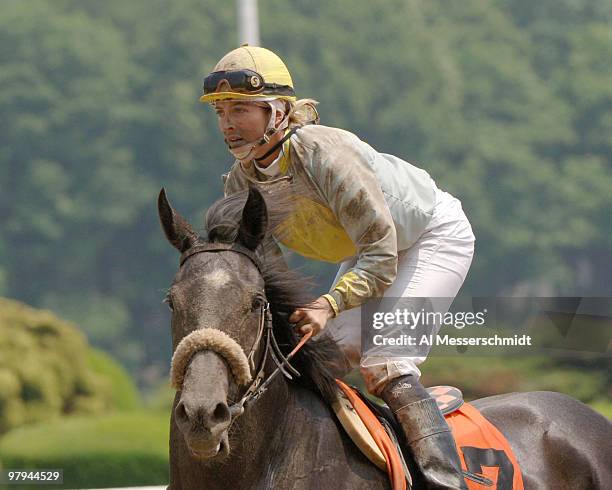 Jockey Chantal Sutherland rides What Else in the first race at Belmont Park in Elmont, New York, site of the 2005 Belmont Stakes on June 11, 2005.