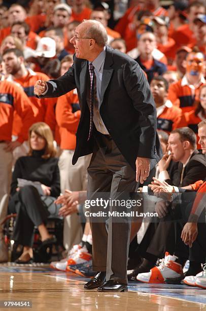 Jim Boeheim, head coach of the Syracuse Orange, yells to his players during the Big East Quarterfinal College Basketball Championship game against...