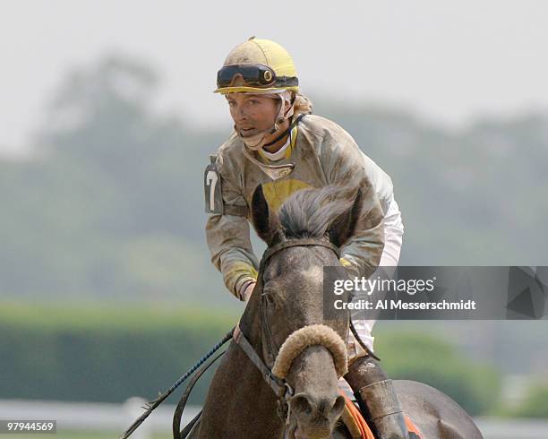 Jockey Chantal Sutherland rides What Else in the first race at Belmont Park in Elmont, New York, site of the 2005 Belmont Stakes on June 11, 2005.