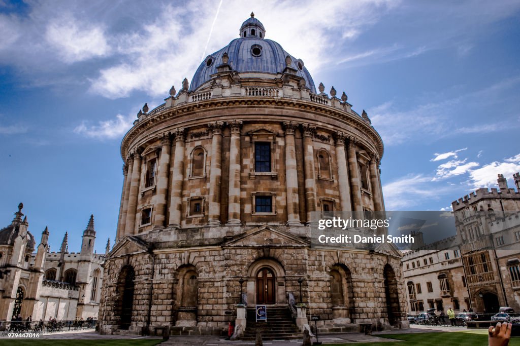 Radcliffe Camera of University of Oxford dome and rotunda exterior under cloudy sky, England, UK
