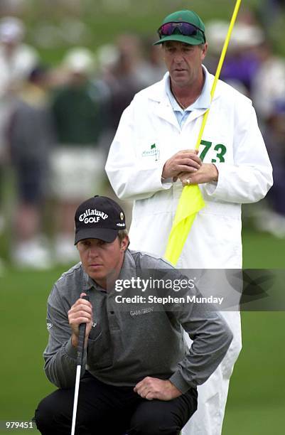 Pierre Fulke of Sweden lines up a putt on the second hole during the first day of the 2001 Masters at the Augusta National Golf Club, Augusta, GA,...