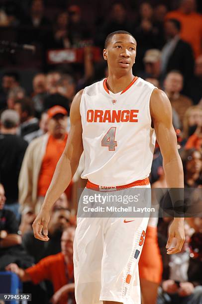 Wes Johnson of the Syracuse Orange looks on during the Big East Quarterfinal College Basketball Championship game against the Georgetown Hoyas on...