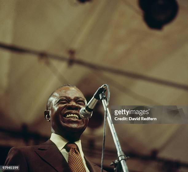 American jazz trumpeter and vocalist Louis Armstrong performs live on stage at the Newport Jazz Festival in Newport, Rhode Island on 10th July 1970.