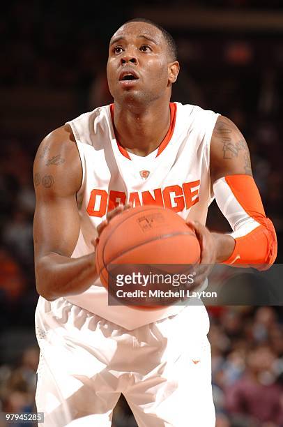Scoop Jardine of the Syracuse Orange takes a foul shot during the Big East Quarterfinal College Basketball Championship game against the Georgetown...