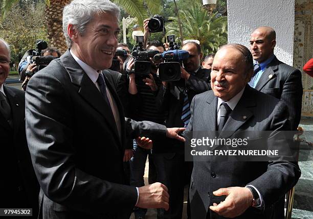Algerian President Abdelaziz Bouteflika welcomes Portugal's Prime Minister Jose Socrates during their meeting, on March 22, 2010. Socrtaes arrived in...