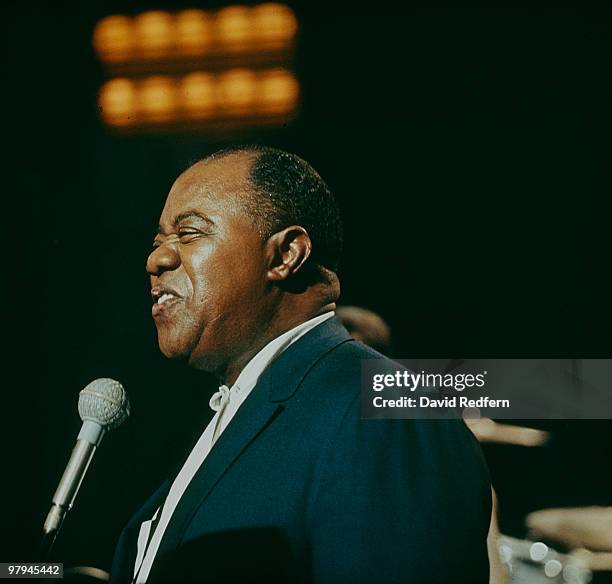 American jazz trumpeter and singer Louis Armstrong performs on a television show filmed at BBC Television Centre in London, England in 1966.