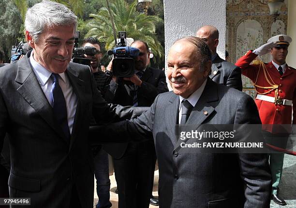 Algerian President Abdelaziz Bouteflika welcomes Portugal's Prime Minister Jose Socrates during their meeting, on March 22, 2010. Socrtaes arrived in...