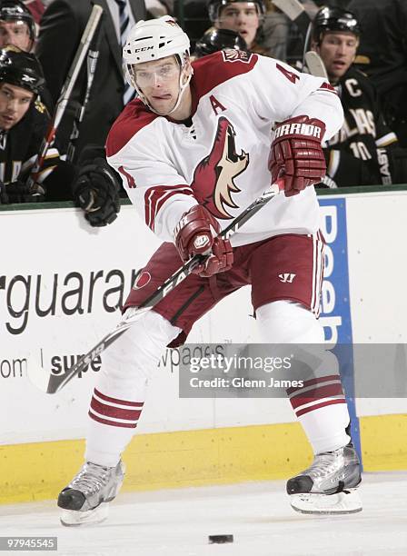 Zbynek Michalek of the Phoenix Coyotes handles the puck against the Dallas Stars on March 21, 2010 at the American Airlines Center in Dallas, Texas.