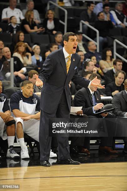 Jay Wright, head coach of the Villanova Wildcats, yells to his players during the first round of NCAA Men's Basketball Championship against the...