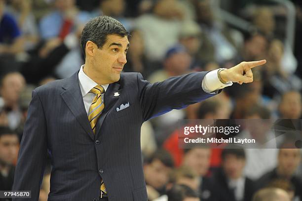 Jay Wright, head coach of the Villanova Wildcats, yells to his players during the first round of NCAA Men's Basketball Championship against the...