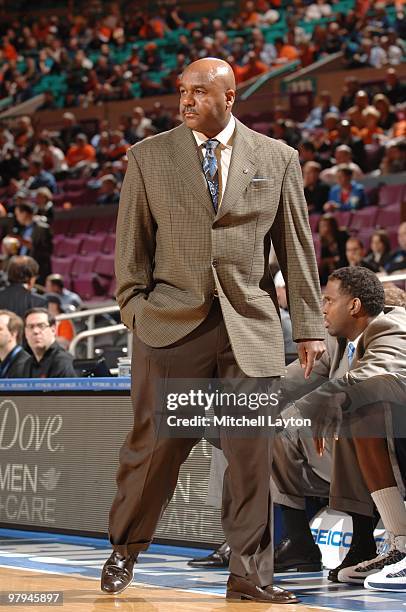 John Thompson III, head coach of the Georgetown Hoyas looks on during the Big East Quarterfinal College Basketball Championship game against the...