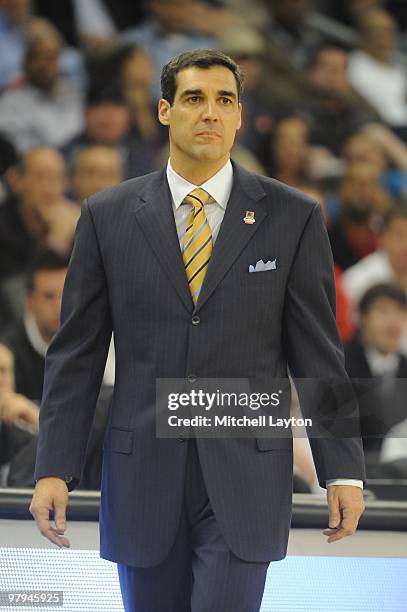 Jay Wright, head of the Villanova Wildcats, looks on during the first round of NCAA Men's Basketball Championship against the Robert Morris Colonials...