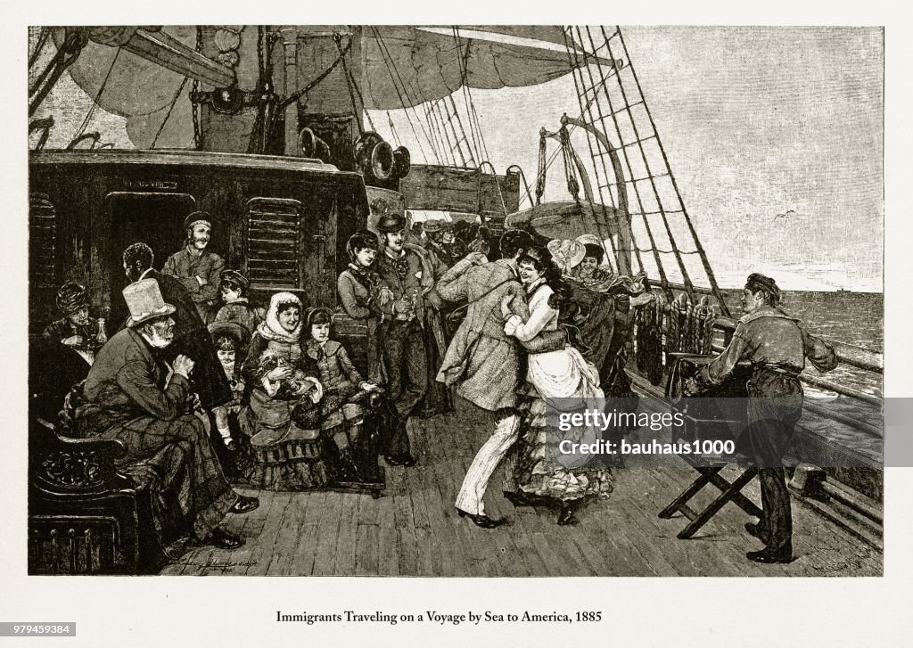 Inmigrantes viajan en un viaje por mar a Estados Unidos, 1885