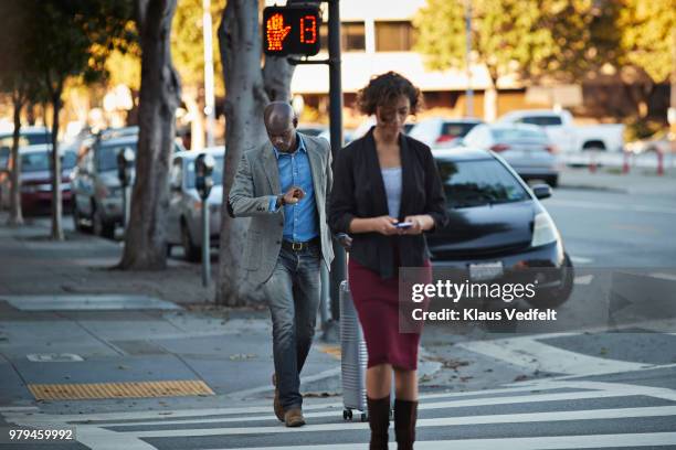 businesswoman checking smartphone while walking on pedestrian crossing - dark haired man gray shirt with wine stock pictures, royalty-free photos & images