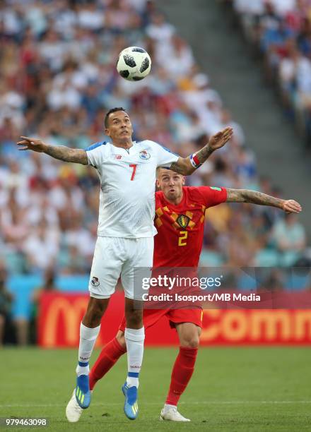 Blas Perez of Panama and Toby Alderweireld of Belgium compete for the ball during the 2018 FIFA World Cup Russia group G match between Belgium and...