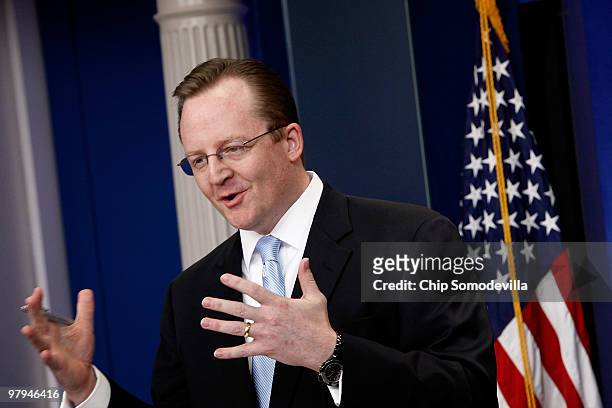 White House Press Secretary Robert Gibbs answers reporters' questions during his daily press briefing at the White House March 22, 2010 in...