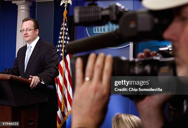 White House Press Secretary Robert Gibbs answers reporters' questions during his daily press briefing at the White House March 22, 2010 in...