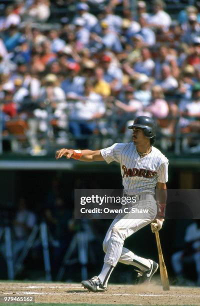 Benito Santiago of the San Diego Padres bats at Jack Murphy Stadium circa 1987 in San Diego,California.