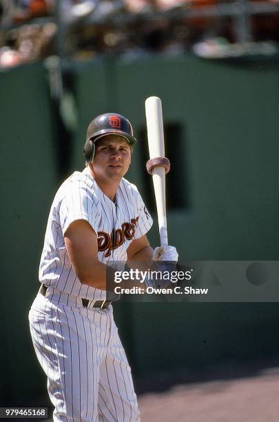 John Kruk of the San Diego Padres gets ready to bat at Jack Murphy Stadium circa 1987 in San Diego,California.