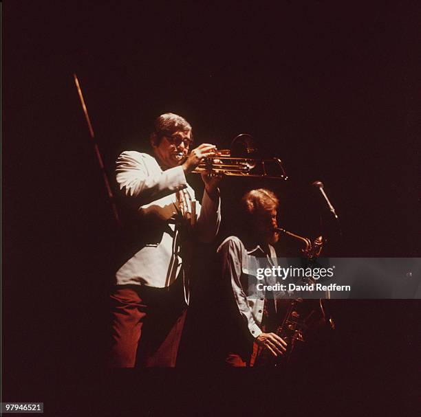 Trombonist Bob Brookmeyer and saxophonist Gerry Mulligan perform on stage as part of the Newport Jazz Festival held in New York City in July 1973.