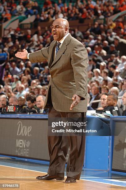 John Thompson III, head coach of the Georgetown Hoyas reacts to a call during the Big East Quarterfinal College Basketball Championship game against...