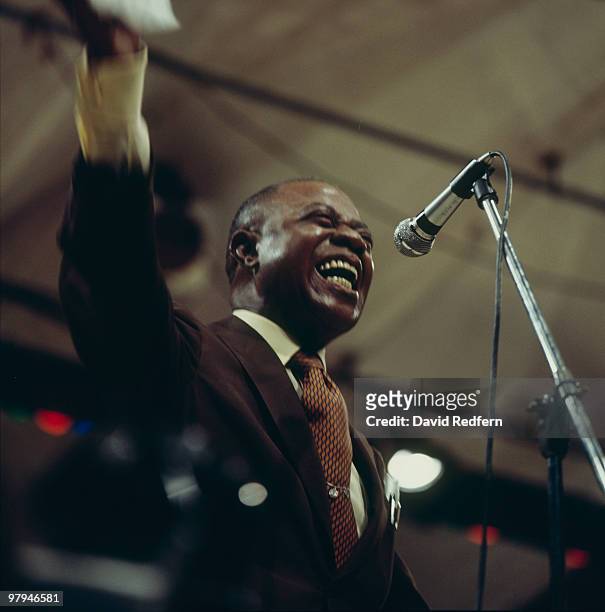 American jazz trumpeter and vocalist Louis Armstrong performs live on stage at the Newport Jazz Festival in Newport, Rhode Island on 10th July 1970.