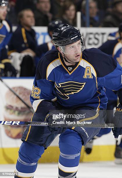 David Backes of the St. Louis Blues skates against the Nashville Predators on March 21, 2010 at Scottrade Center in St. Louis, Missouri.