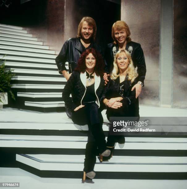 Benny Andersson, Bjorn Ulvaeus, Anni-Frid Lyngstad and Agnetha Faltskog of Swedish pop group Abba on the 'Mike Yarwood Christmas Show' filmed at BBC...