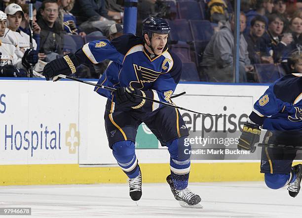 Eric Brewer of the St. Louis Blues skates against the Nashville Predators on March 21, 2010 at Scottrade Center in St. Louis, Missouri.