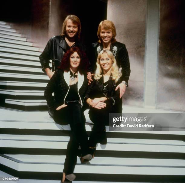 Benny Andersson, Bjorn Ulvaeus, Anni-Frid Lyngstad and Agnetha Faltskog of Swedish pop group Abba on the 'Mike Yarwood Christmas Show' filmed at BBC...