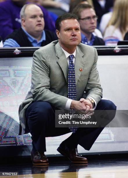 Head coach Bill Self of the Kansas Jayhawks watches the action from the sideline during the quarterfinals of the 2010 Phillips 66 Big 12 Men's...