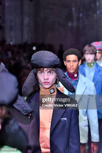 Model walks the runway at the Prada fashion show during Milan Men's Fashion Week Spring/Summer 2019 on June 17, 2018 in Milan, Italy.